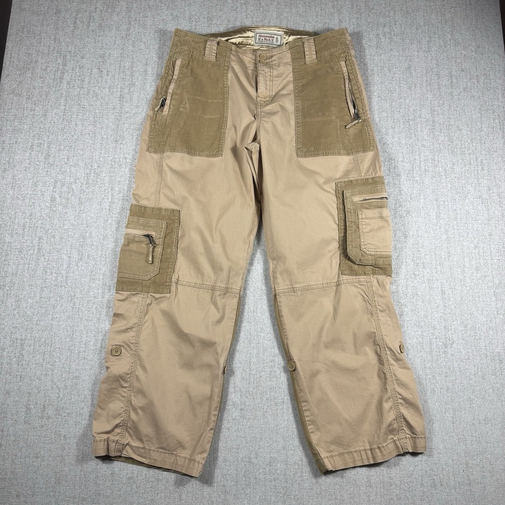 Abercrombie & Fitch Men's Beige Solid Cotton Cargo Pants Straight Regular 31/12s